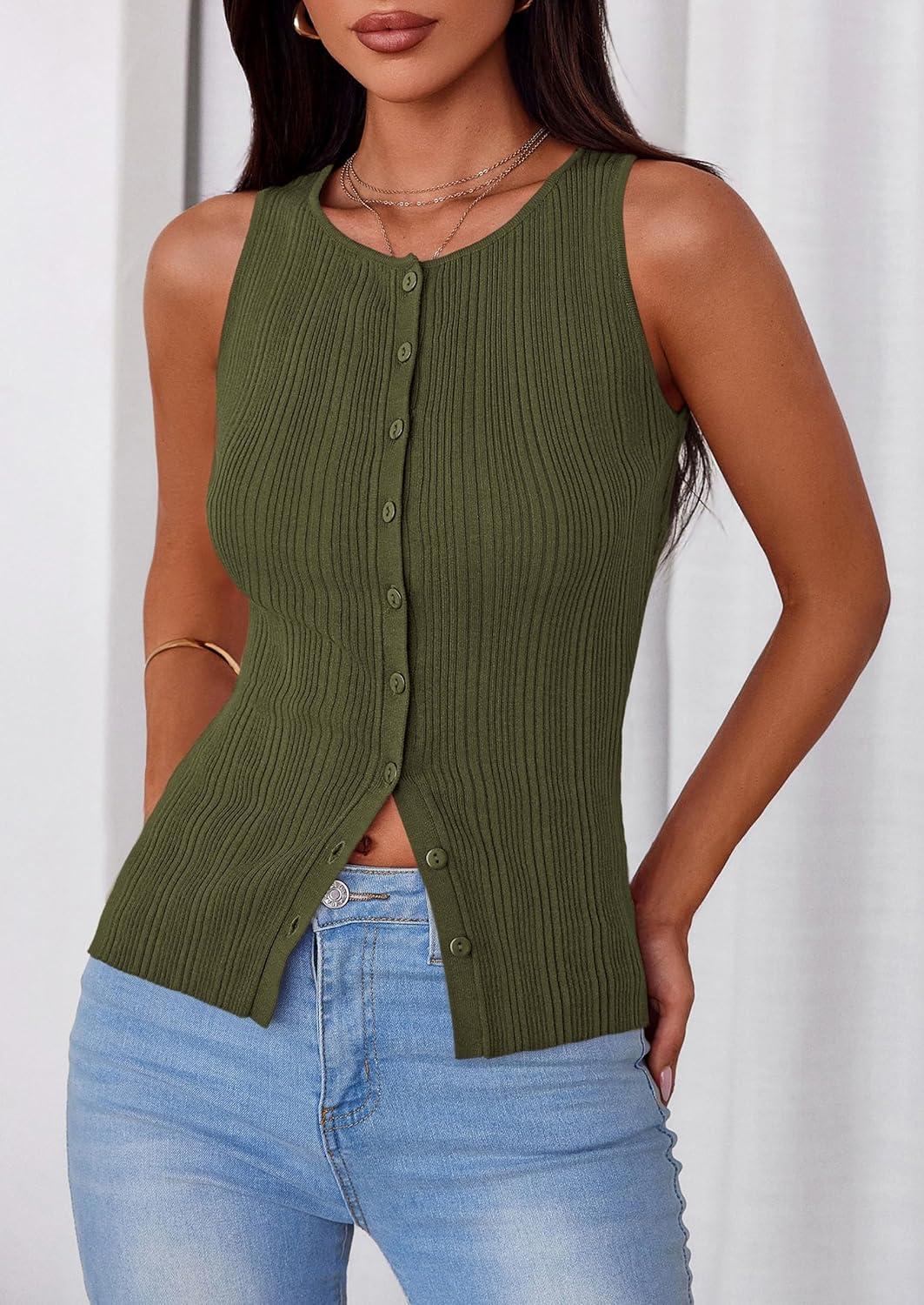 imagePRETTYGARDEN Womens Ribbed Tank Top Summer 2025 Open Front Button Down Sleeveless Shirts Fashion Clothing Going Out Vest TopsArmy Green