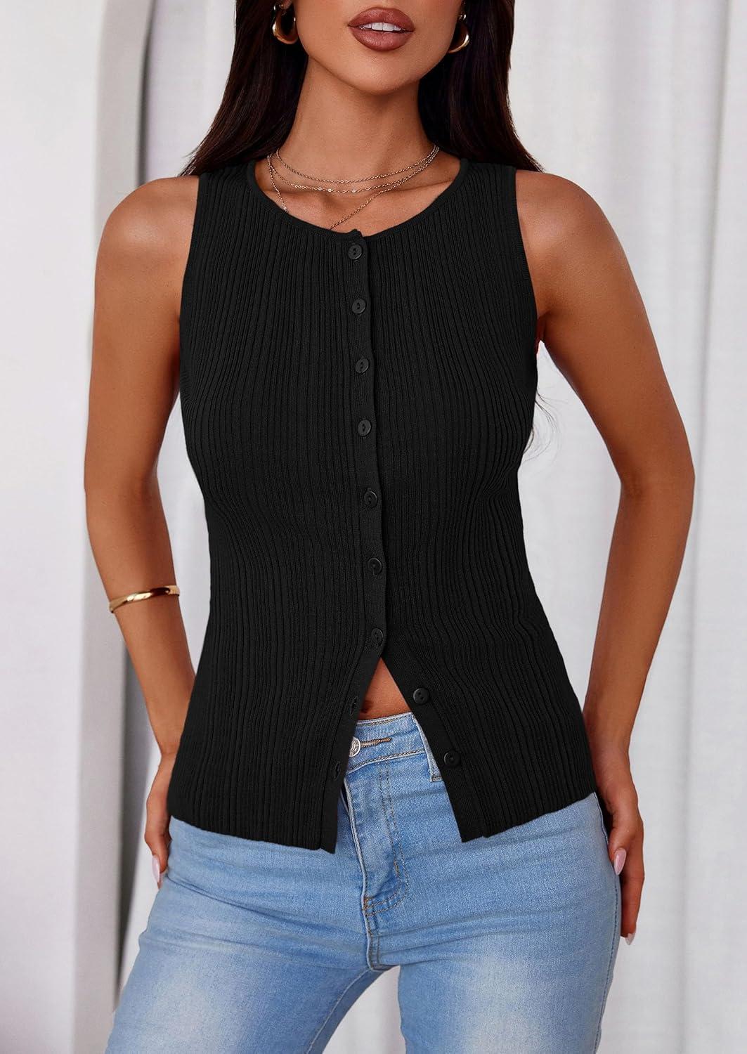 imagePRETTYGARDEN Womens Ribbed Tank Top Summer 2025 Open Front Button Down Sleeveless Shirts Fashion Clothing Going Out Vest TopsBlack