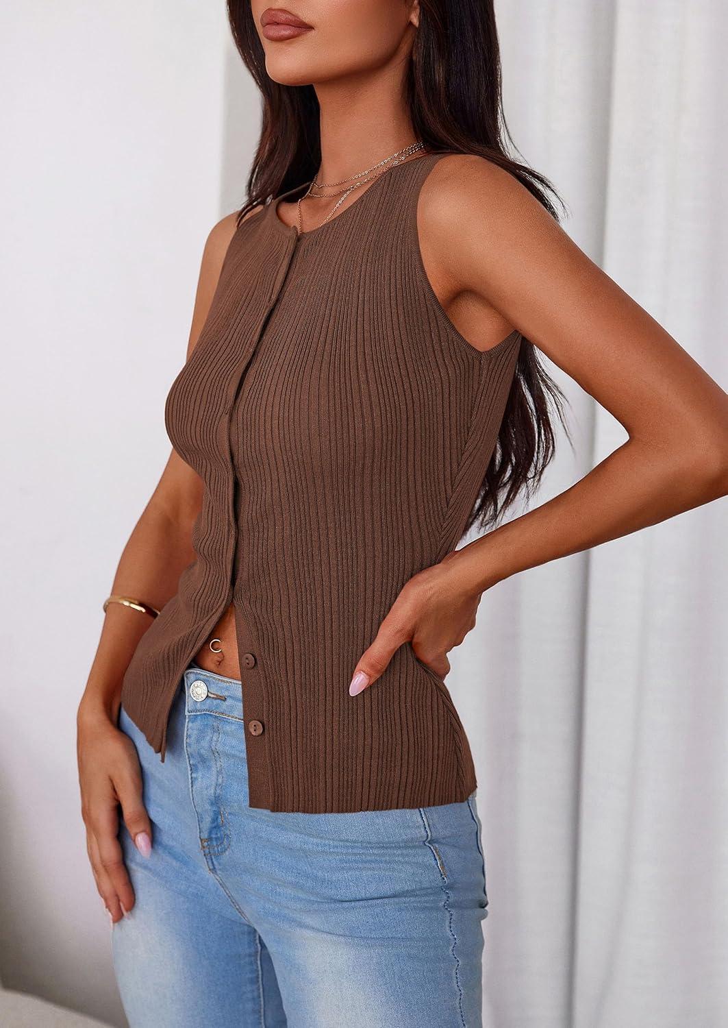 imagePRETTYGARDEN Womens Ribbed Tank Top Summer 2025 Open Front Button Down Sleeveless Shirts Fashion Clothing Going Out Vest TopsBrown
