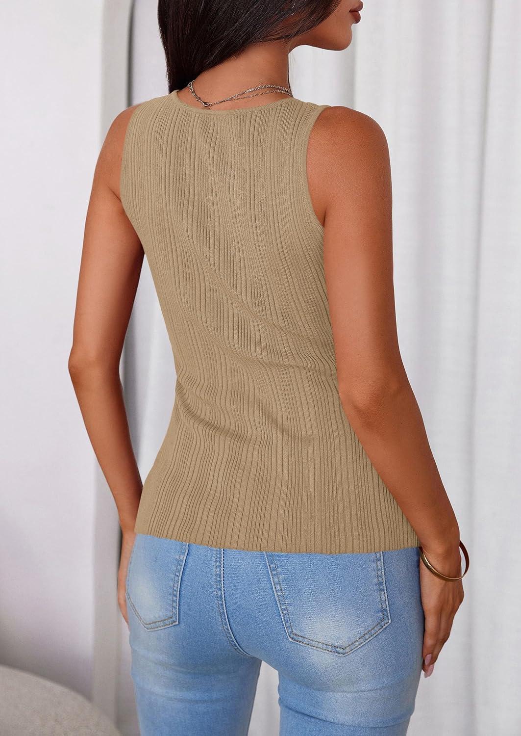 imagePRETTYGARDEN Womens Ribbed Tank Top Summer 2025 Open Front Button Down Sleeveless Shirts Fashion Clothing Going Out Vest TopsCamel