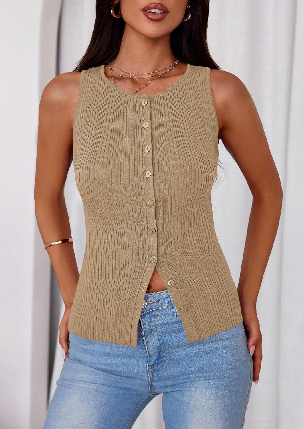 imagePRETTYGARDEN Womens Ribbed Tank Top Summer 2025 Open Front Button Down Sleeveless Shirts Fashion Clothing Going Out Vest TopsCamel