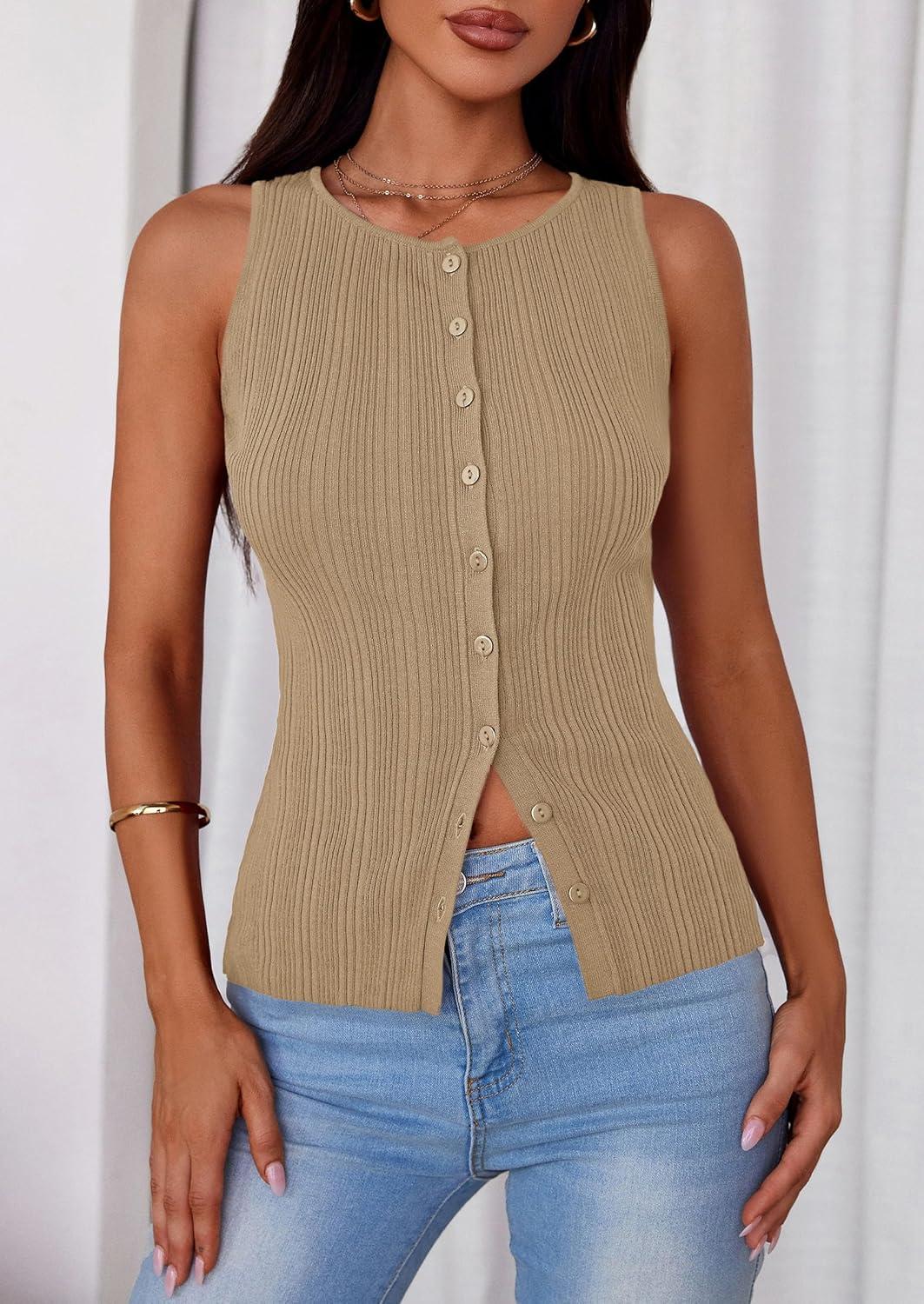 imagePRETTYGARDEN Womens Ribbed Tank Top Summer 2025 Open Front Button Down Sleeveless Shirts Fashion Clothing Going Out Vest TopsCamel