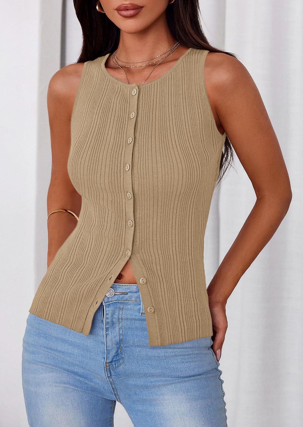 imagePRETTYGARDEN Womens Ribbed Tank Top Summer 2025 Open Front Button Down Sleeveless Shirts Fashion Clothing Going Out Vest TopsCamel