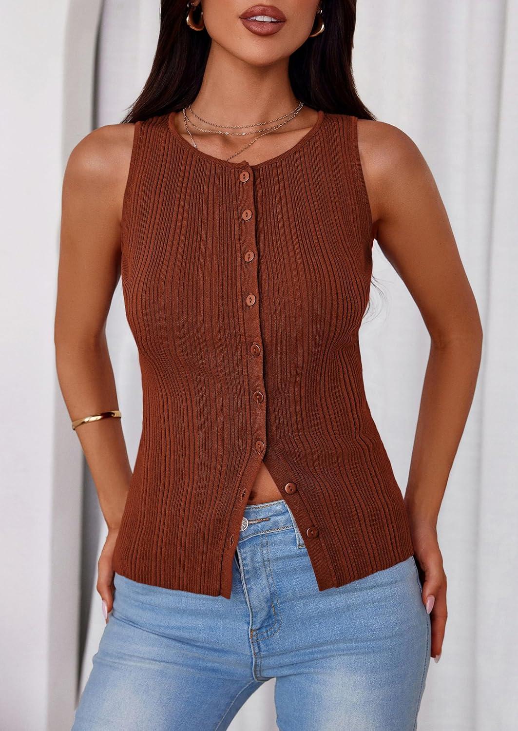 imagePRETTYGARDEN Womens Ribbed Tank Top Summer 2025 Open Front Button Down Sleeveless Shirts Fashion Clothing Going Out Vest TopsCaramel