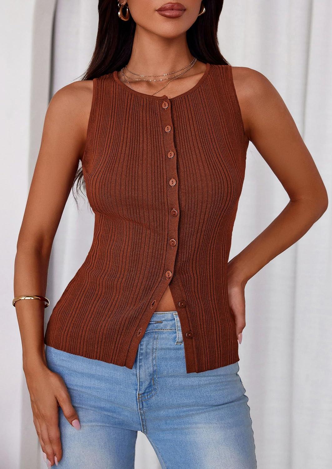 imagePRETTYGARDEN Womens Ribbed Tank Top Summer 2025 Open Front Button Down Sleeveless Shirts Fashion Clothing Going Out Vest TopsCaramel