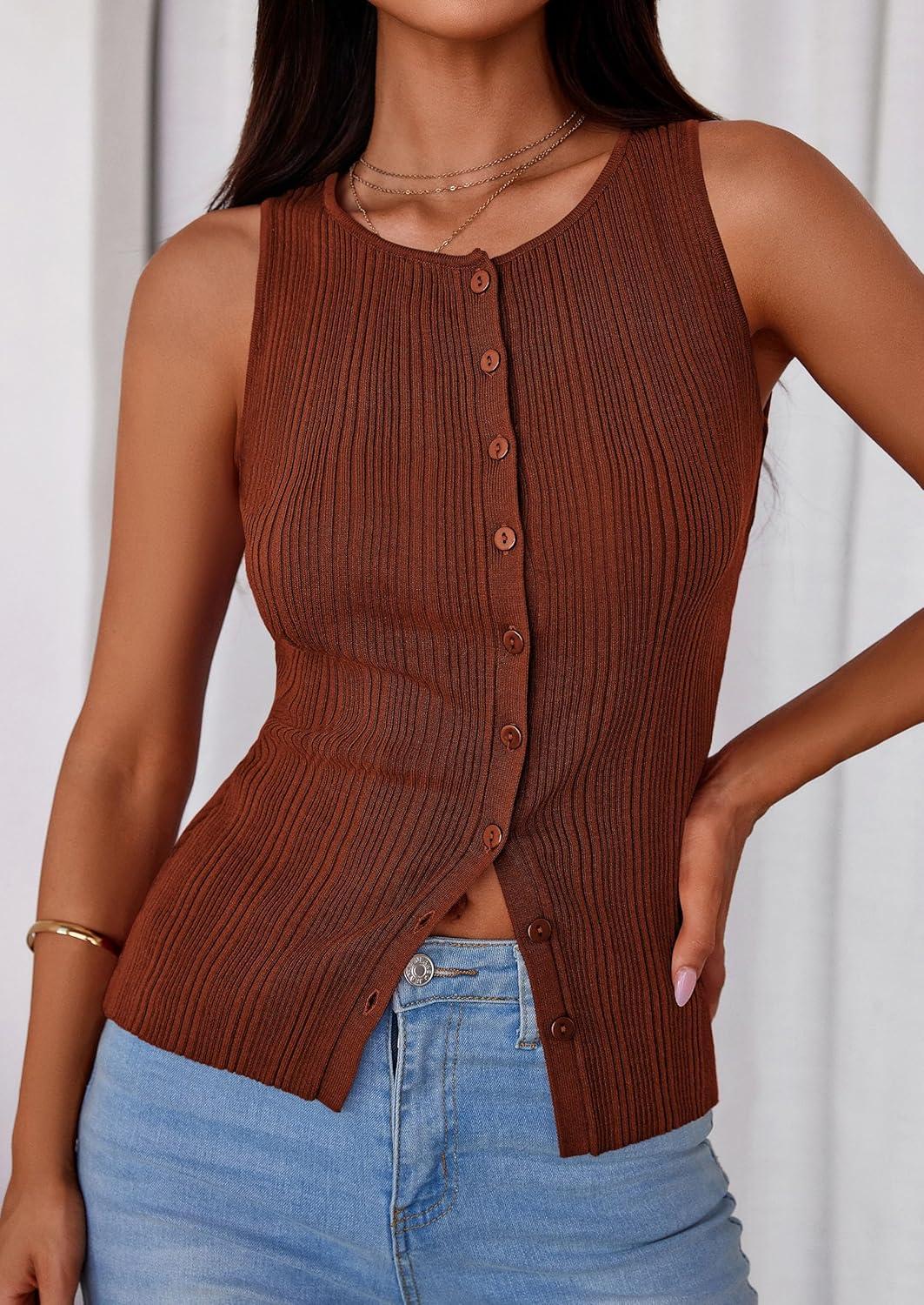 imagePRETTYGARDEN Womens Ribbed Tank Top Summer 2025 Open Front Button Down Sleeveless Shirts Fashion Clothing Going Out Vest TopsCaramel