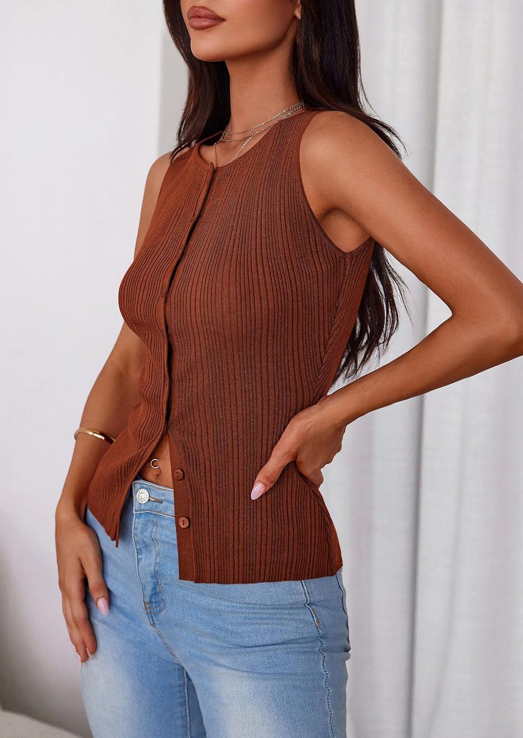 imagePRETTYGARDEN Womens Ribbed Tank Top Summer 2025 Open Front Button Down Sleeveless Shirts Fashion Clothing Going Out Vest TopsCaramel