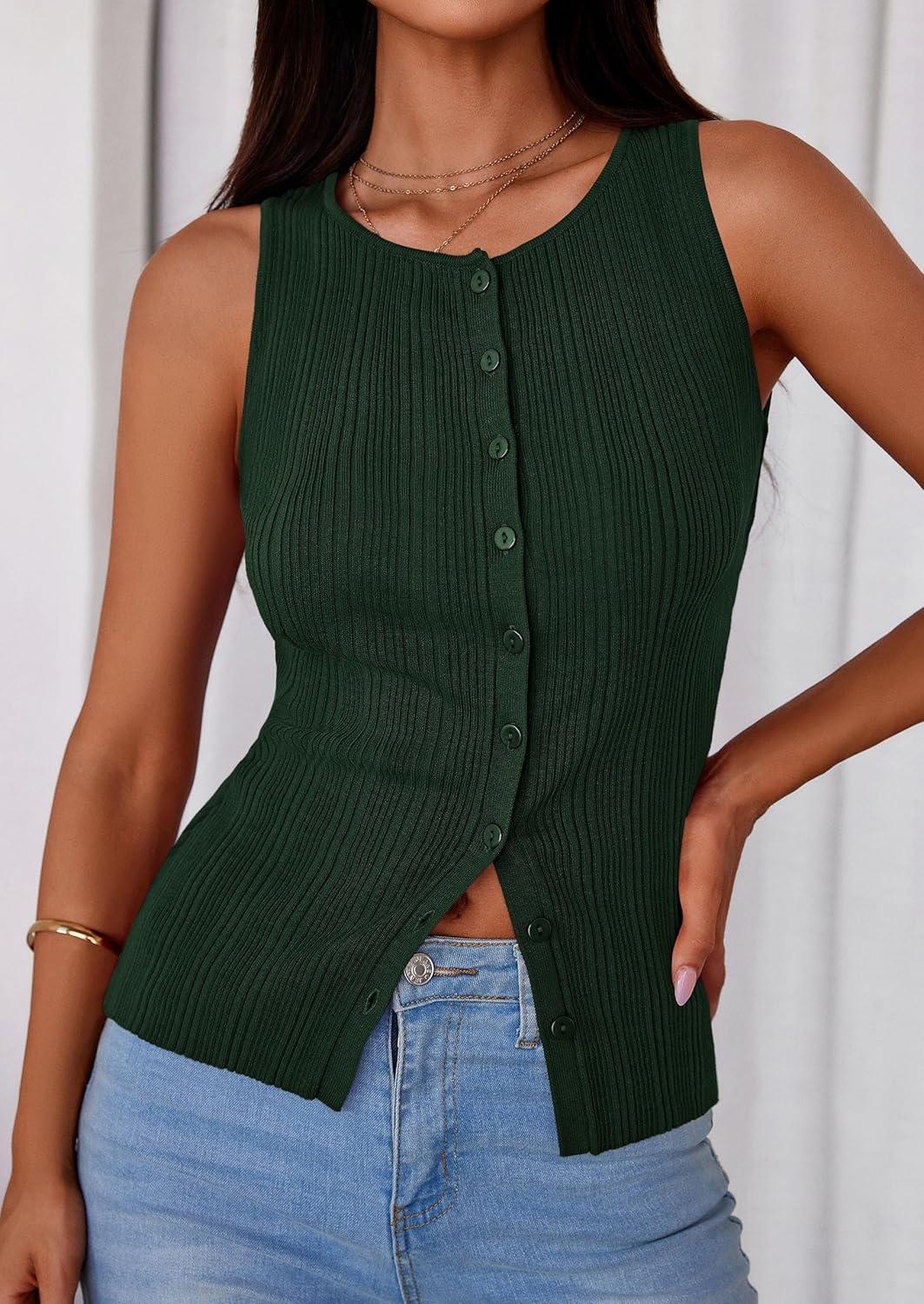 imagePRETTYGARDEN Womens Ribbed Tank Top Summer 2025 Open Front Button Down Sleeveless Shirts Fashion Clothing Going Out Vest TopsDark Green