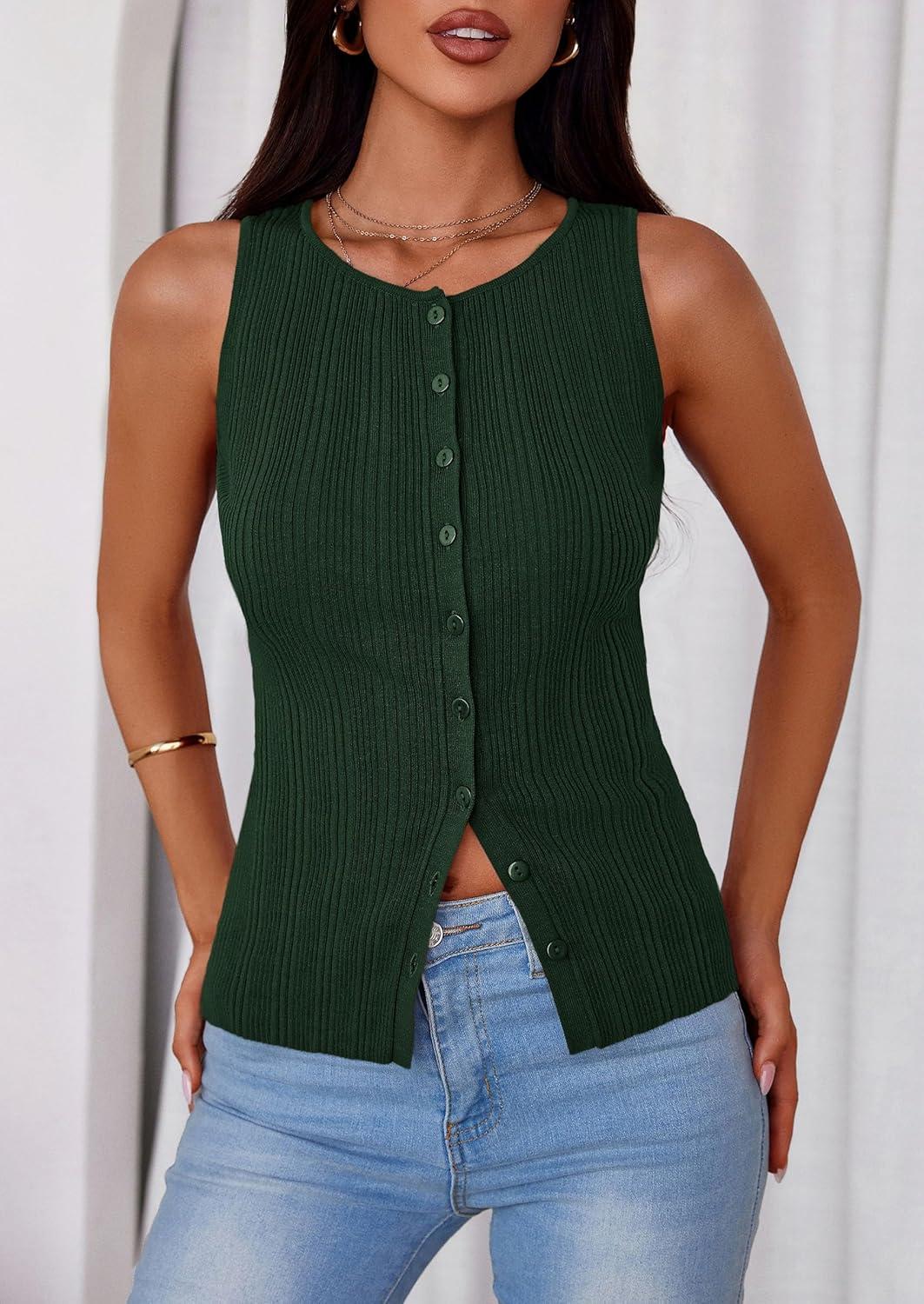 imagePRETTYGARDEN Womens Ribbed Tank Top Summer 2025 Open Front Button Down Sleeveless Shirts Fashion Clothing Going Out Vest TopsDark Green
