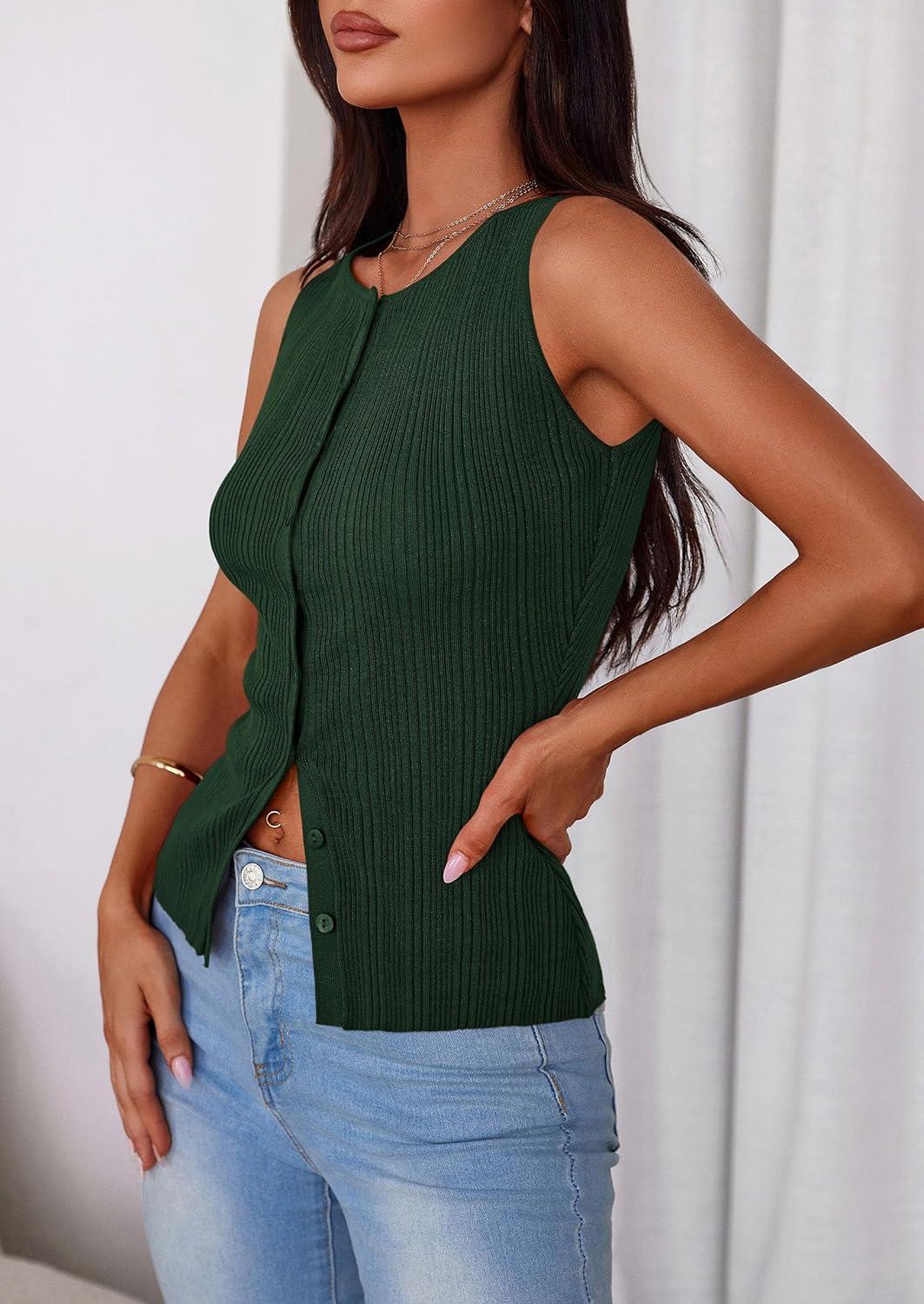 imagePRETTYGARDEN Womens Ribbed Tank Top Summer 2025 Open Front Button Down Sleeveless Shirts Fashion Clothing Going Out Vest TopsDark Green