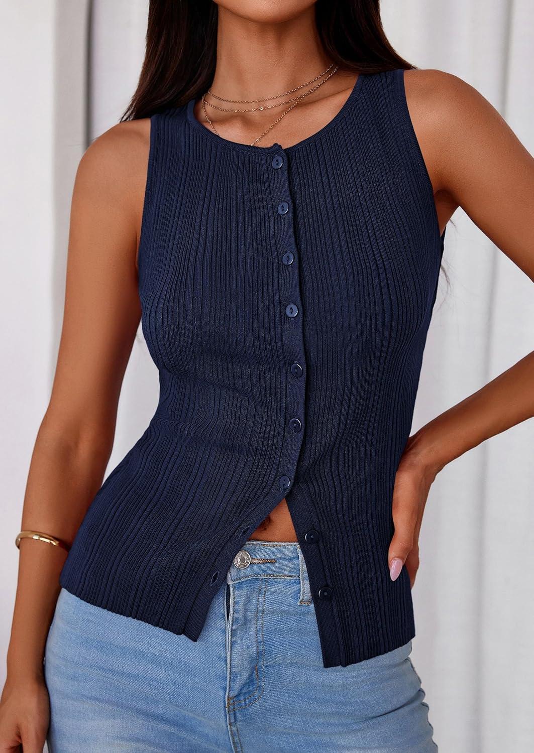 imagePRETTYGARDEN Womens Ribbed Tank Top Summer 2025 Open Front Button Down Sleeveless Shirts Fashion Clothing Going Out Vest TopsNavy