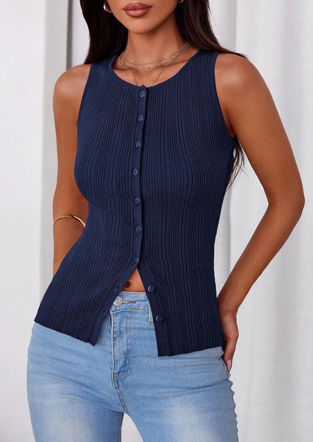 imagePRETTYGARDEN Womens Ribbed Tank Top Summer 2025 Open Front Button Down Sleeveless Shirts Fashion Clothing Going Out Vest TopsNavy