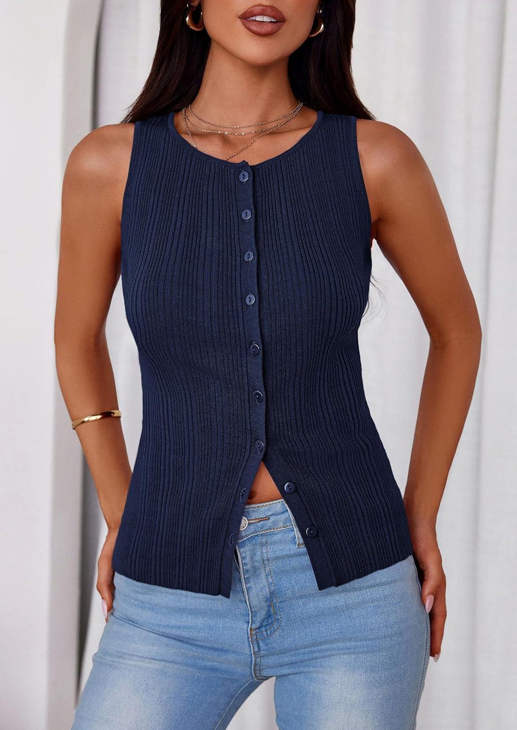 imagePRETTYGARDEN Womens Ribbed Tank Top Summer 2025 Open Front Button Down Sleeveless Shirts Fashion Clothing Going Out Vest TopsNavy