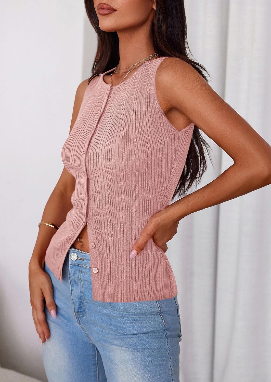 imagePRETTYGARDEN Womens Ribbed Tank Top Summer 2025 Open Front Button Down Sleeveless Shirts Fashion Clothing Going Out Vest TopsPink