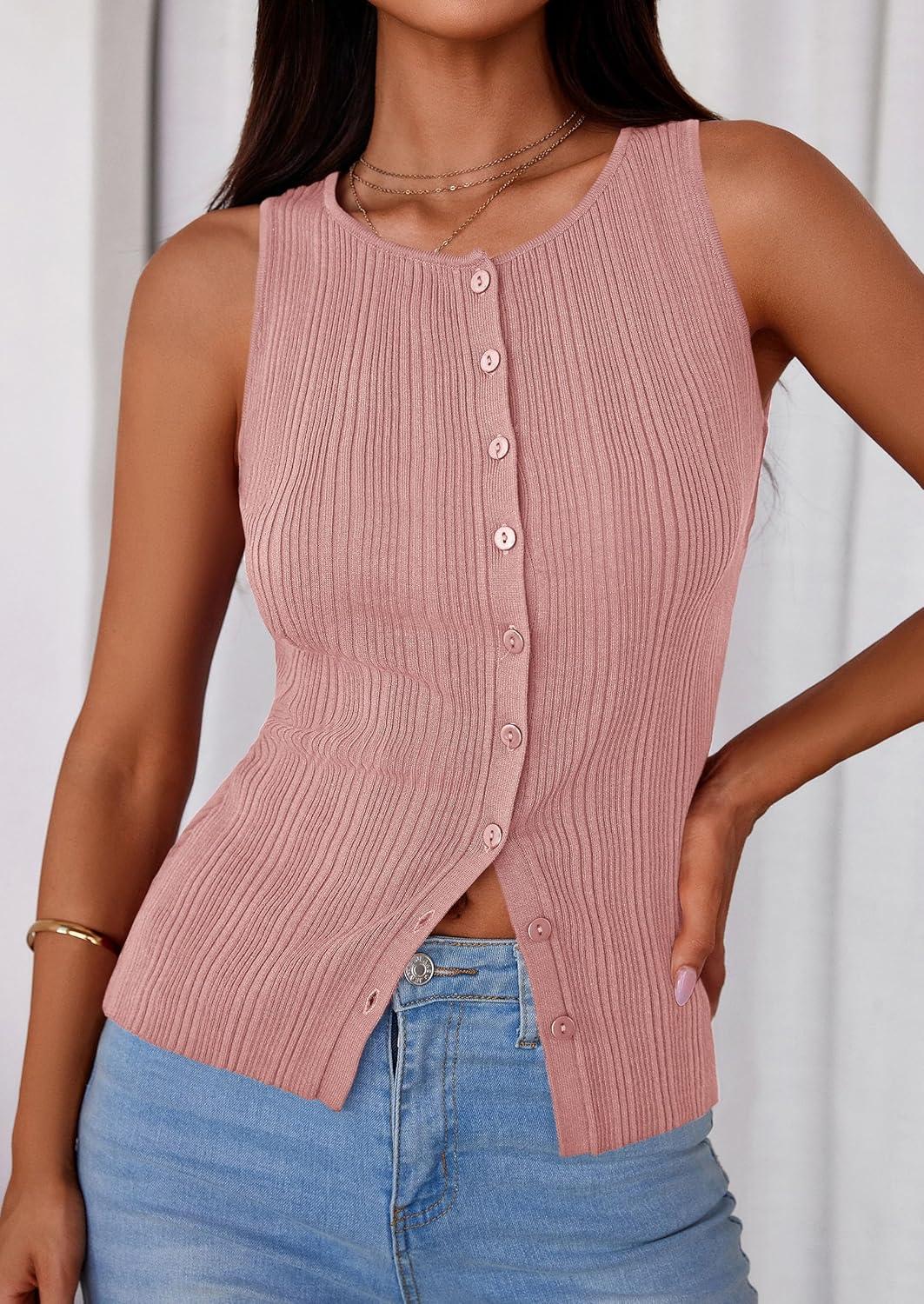 imagePRETTYGARDEN Womens Ribbed Tank Top Summer 2025 Open Front Button Down Sleeveless Shirts Fashion Clothing Going Out Vest TopsPink