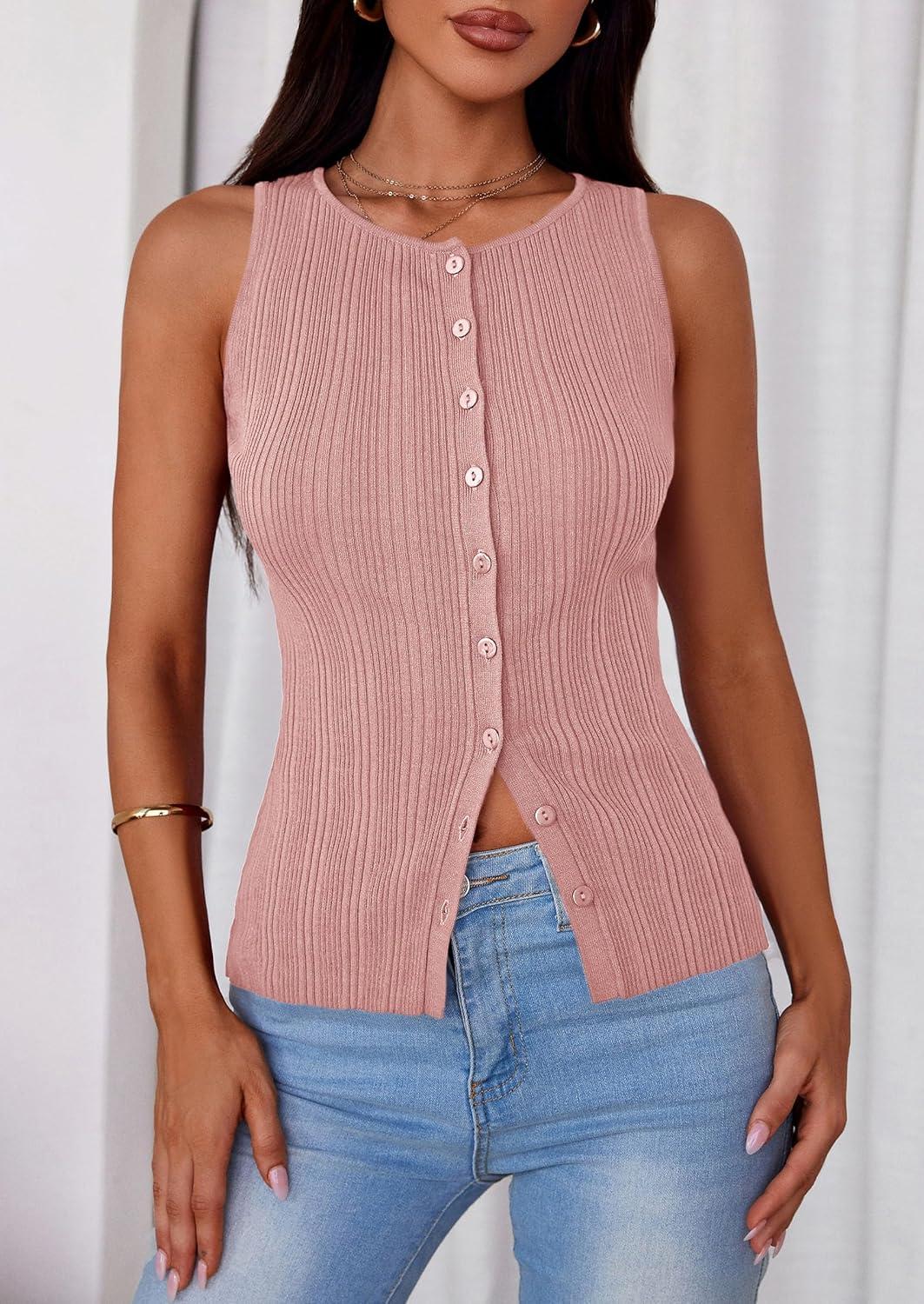 imagePRETTYGARDEN Womens Ribbed Tank Top Summer 2025 Open Front Button Down Sleeveless Shirts Fashion Clothing Going Out Vest TopsPink