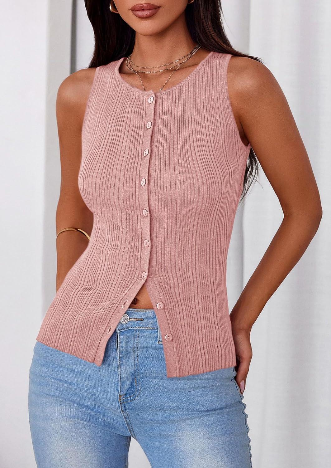 imagePRETTYGARDEN Womens Ribbed Tank Top Summer 2025 Open Front Button Down Sleeveless Shirts Fashion Clothing Going Out Vest TopsPink