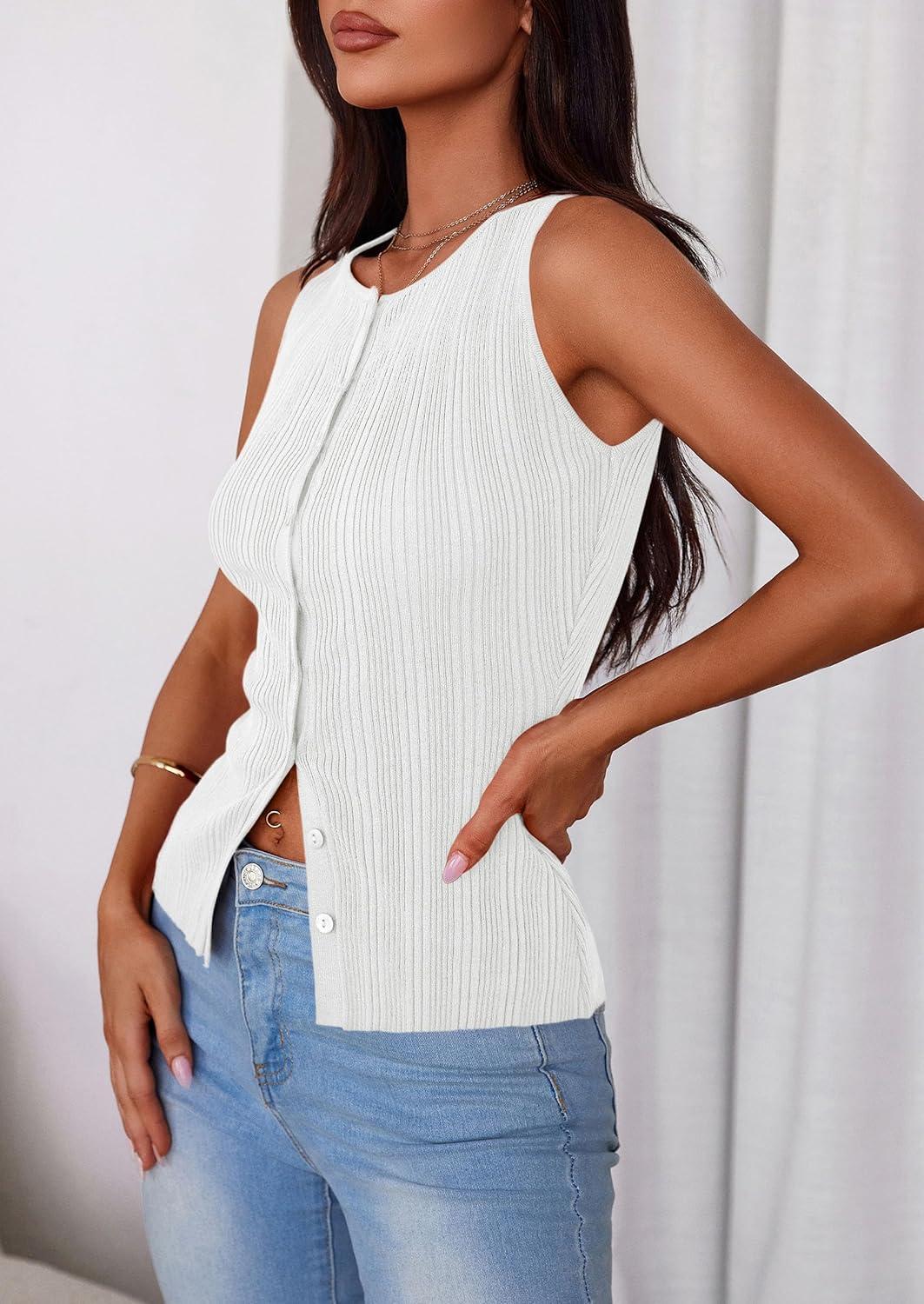 imagePRETTYGARDEN Womens Ribbed Tank Top Summer 2025 Open Front Button Down Sleeveless Shirts Fashion Clothing Going Out Vest TopsWhite