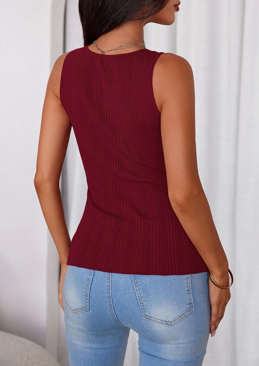 imagePRETTYGARDEN Womens Ribbed Tank Top Summer 2025 Open Front Button Down Sleeveless Shirts Fashion Clothing Going Out Vest TopsWine Red