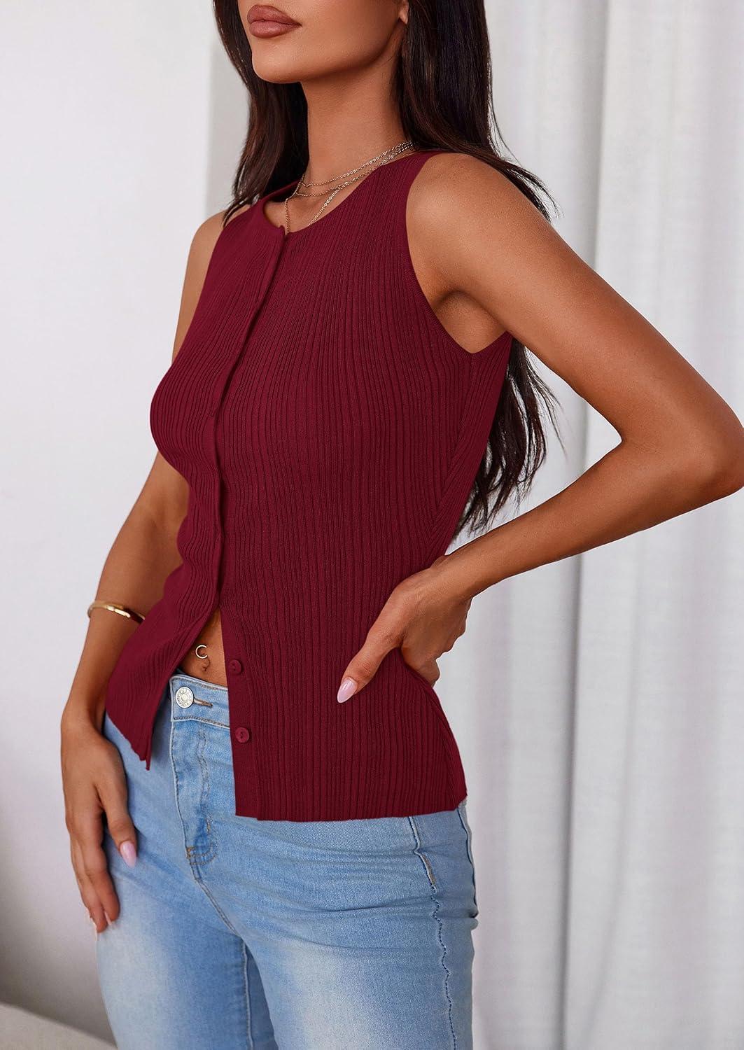 imagePRETTYGARDEN Womens Ribbed Tank Top Summer 2025 Open Front Button Down Sleeveless Shirts Fashion Clothing Going Out Vest TopsWine Red