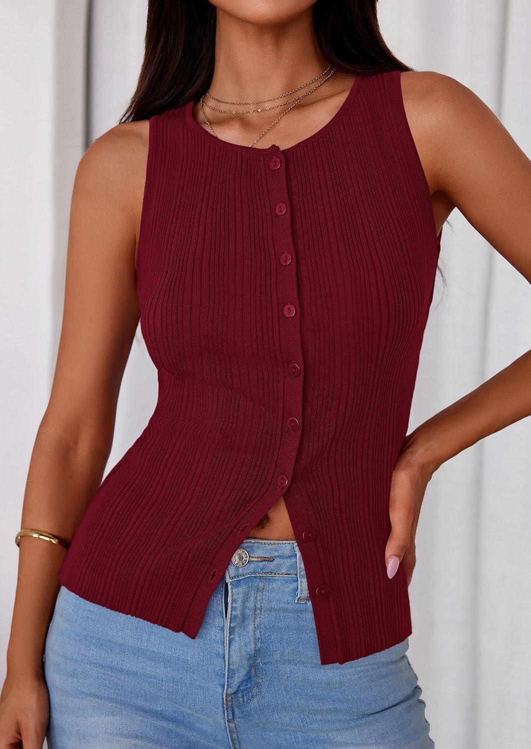 imagePRETTYGARDEN Womens Ribbed Tank Top Summer 2025 Open Front Button Down Sleeveless Shirts Fashion Clothing Going Out Vest TopsWine Red