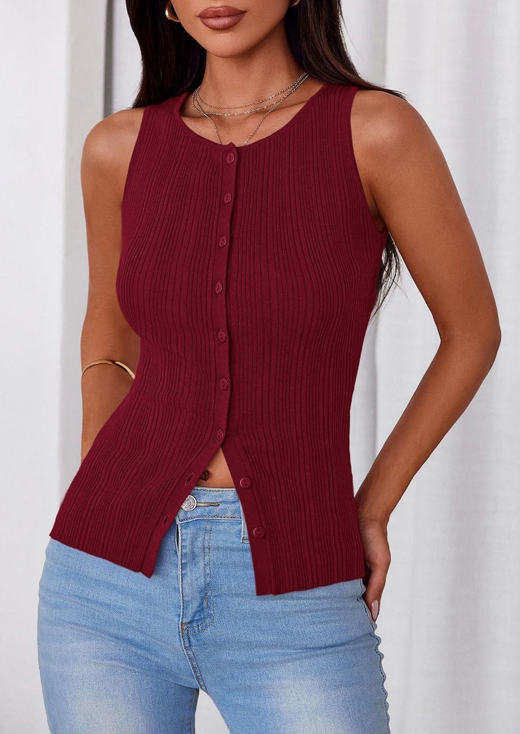 imagePRETTYGARDEN Womens Ribbed Tank Top Summer 2025 Open Front Button Down Sleeveless Shirts Fashion Clothing Going Out Vest TopsWine Red