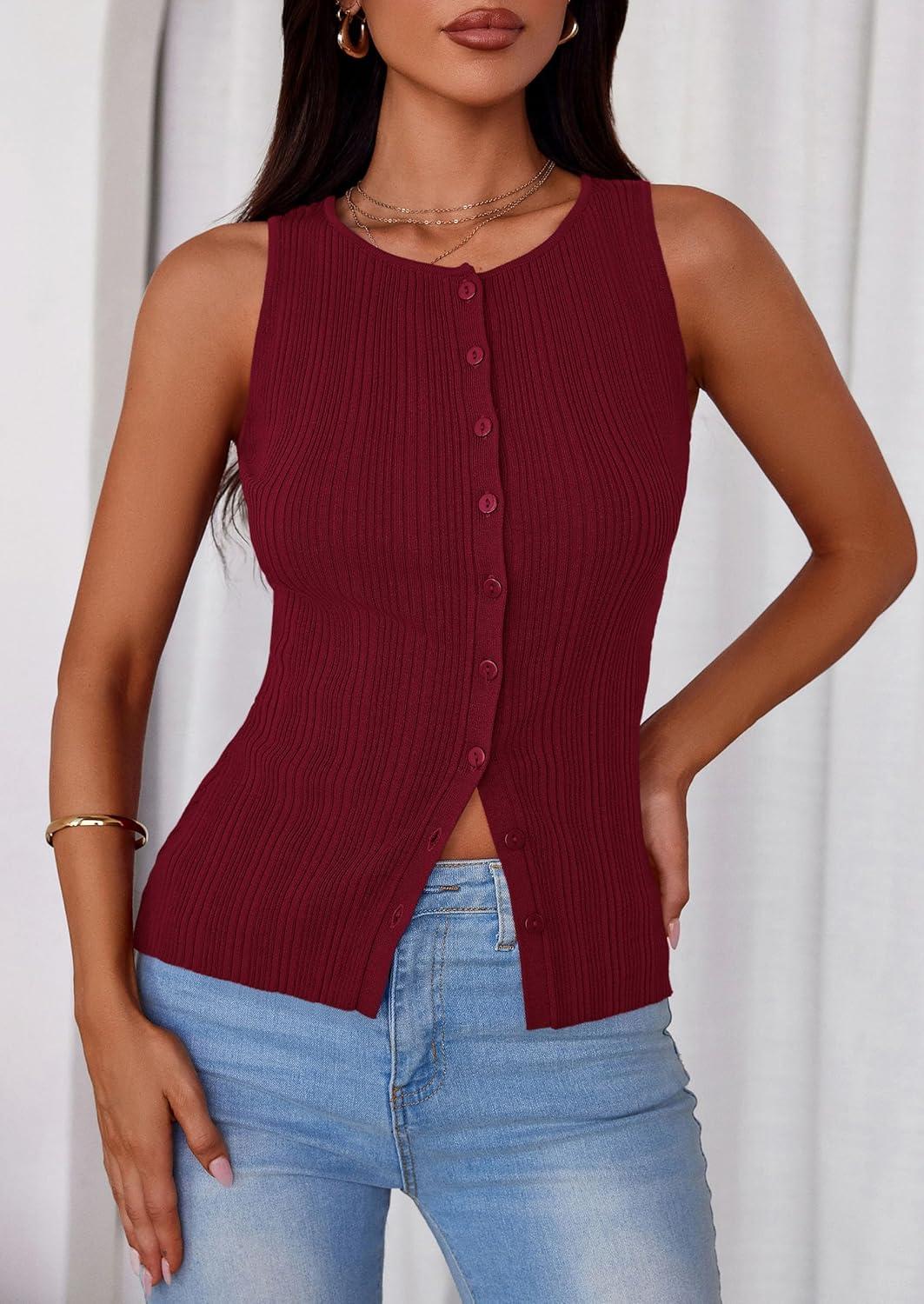 imagePRETTYGARDEN Womens Ribbed Tank Top Summer 2025 Open Front Button Down Sleeveless Shirts Fashion Clothing Going Out Vest TopsWine Red