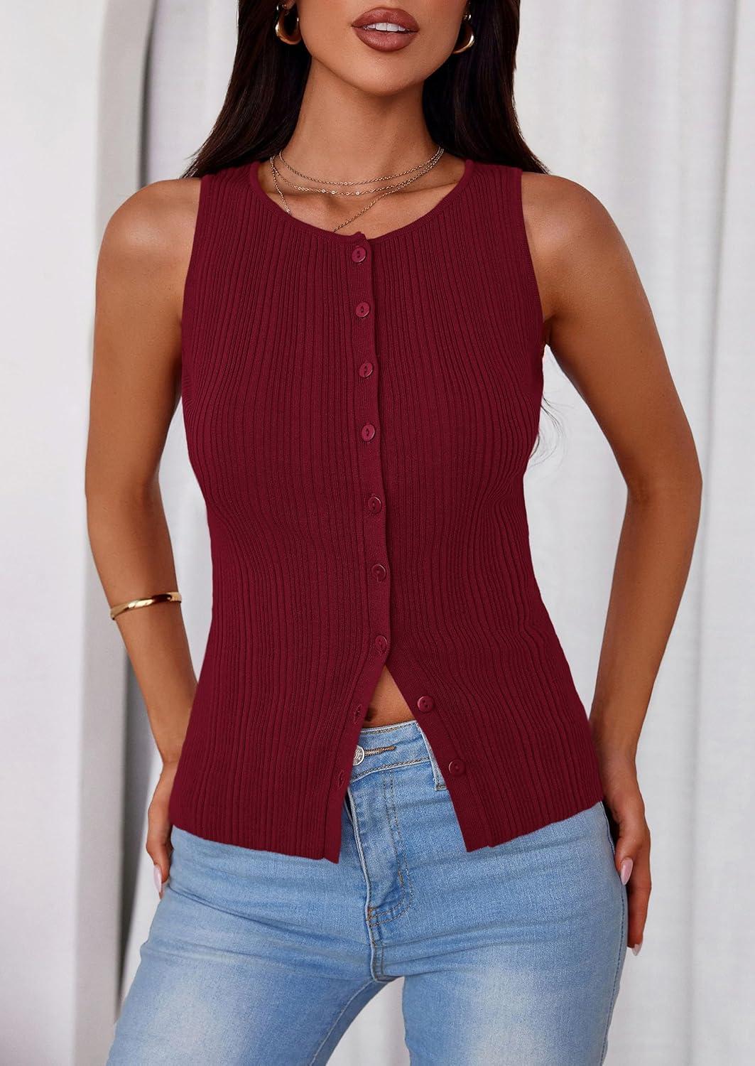 imagePRETTYGARDEN Womens Ribbed Tank Top Summer 2025 Open Front Button Down Sleeveless Shirts Fashion Clothing Going Out Vest TopsWine Red