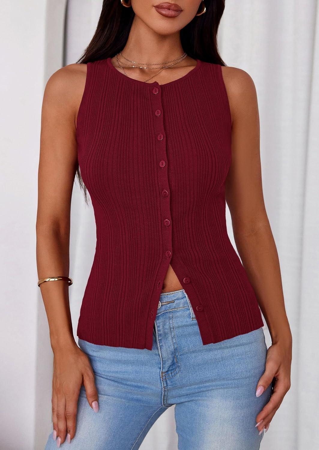 imagePRETTYGARDEN Womens Ribbed Tank Top Summer 2025 Open Front Button Down Sleeveless Shirts Fashion Clothing Going Out Vest TopsWine Red