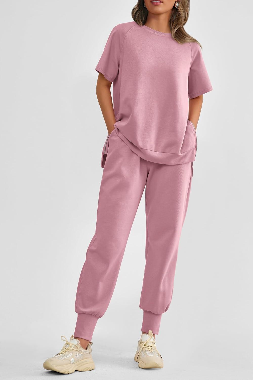 imagePRETTYGARDEN Womens Summer 2 Piece Outfit Tracksuits Casual Short Sleeve Tops High Waisted Sweatpants Set PinkLarge