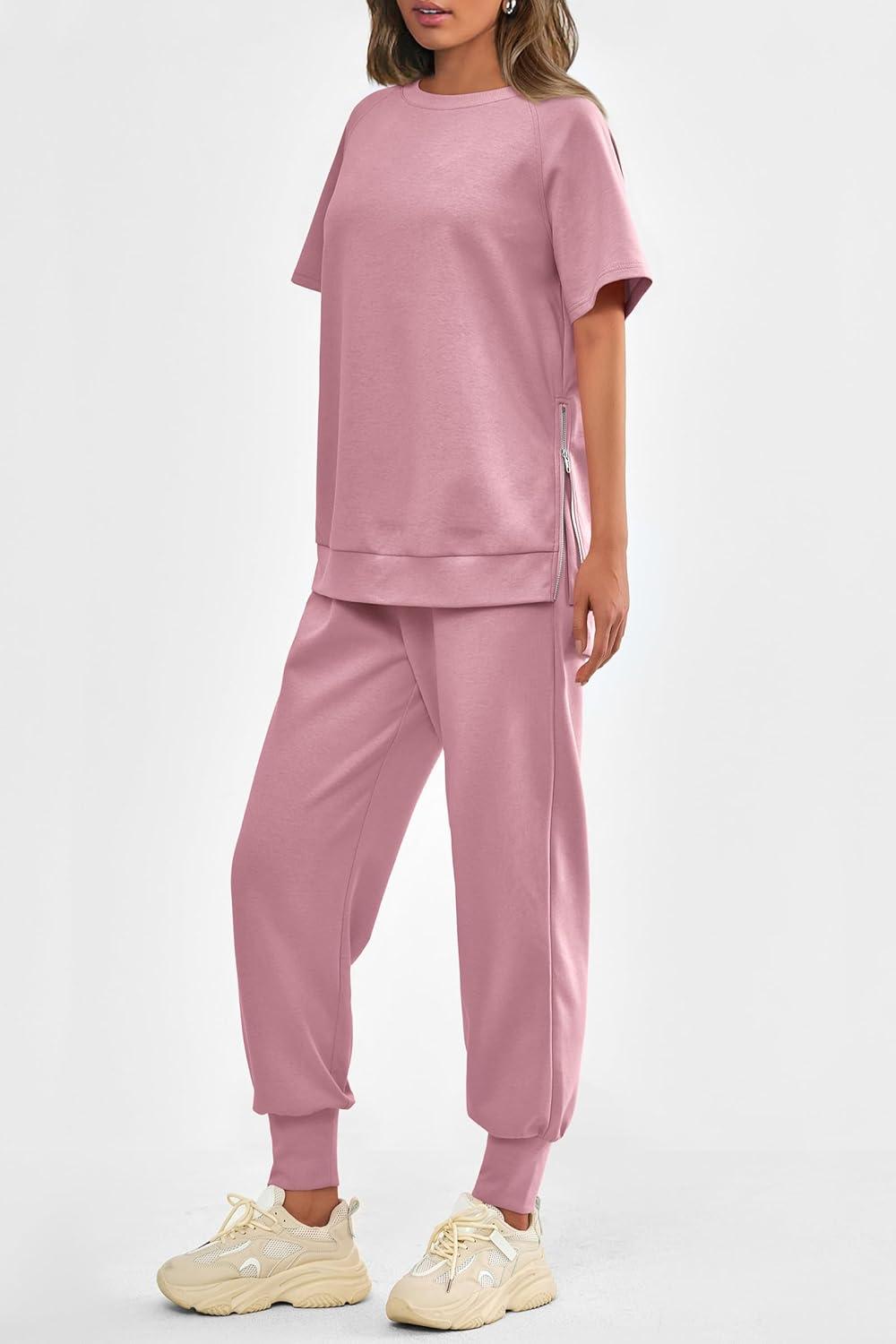 imagePRETTYGARDEN Womens Summer 2 Piece Outfit Tracksuits Casual Short Sleeve Tops High Waisted Sweatpants Set PinkLarge