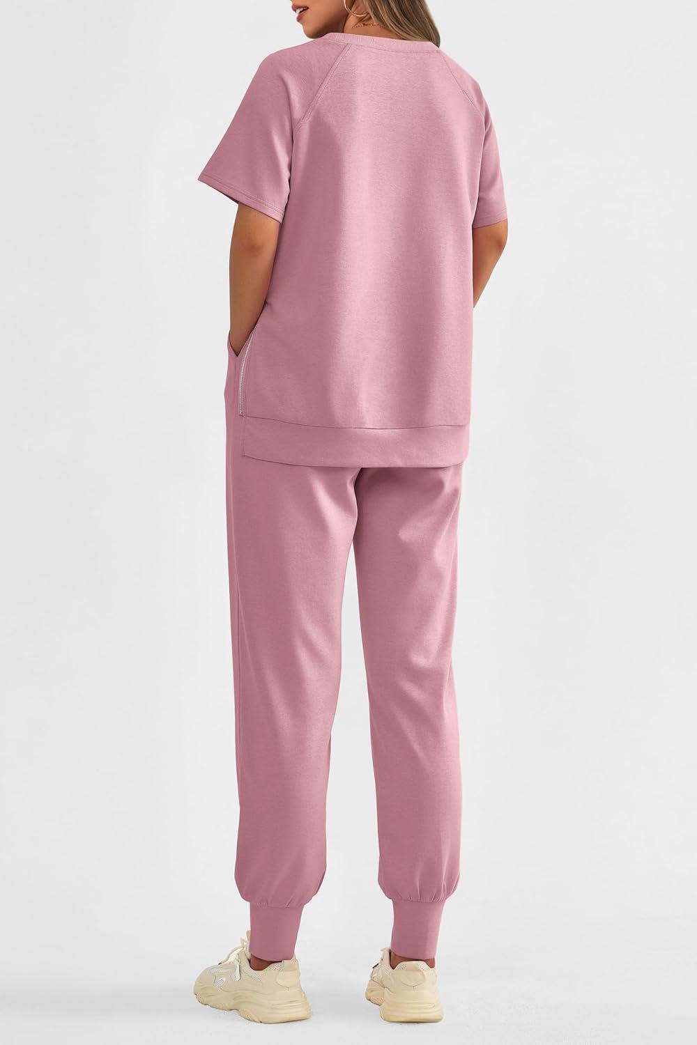 imagePRETTYGARDEN Womens Summer 2 Piece Outfit Tracksuits Casual Short Sleeve Tops High Waisted Sweatpants Set PinkLarge