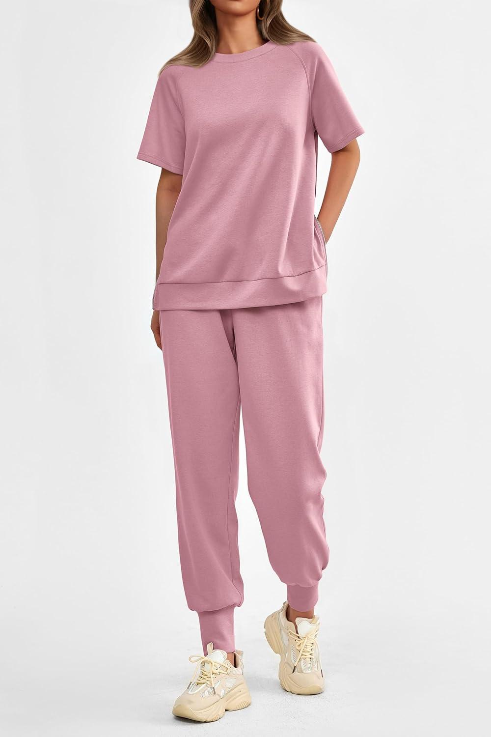 imagePRETTYGARDEN Womens Summer 2 Piece Outfit Tracksuits Casual Short Sleeve Tops High Waisted Sweatpants Set PinkLarge