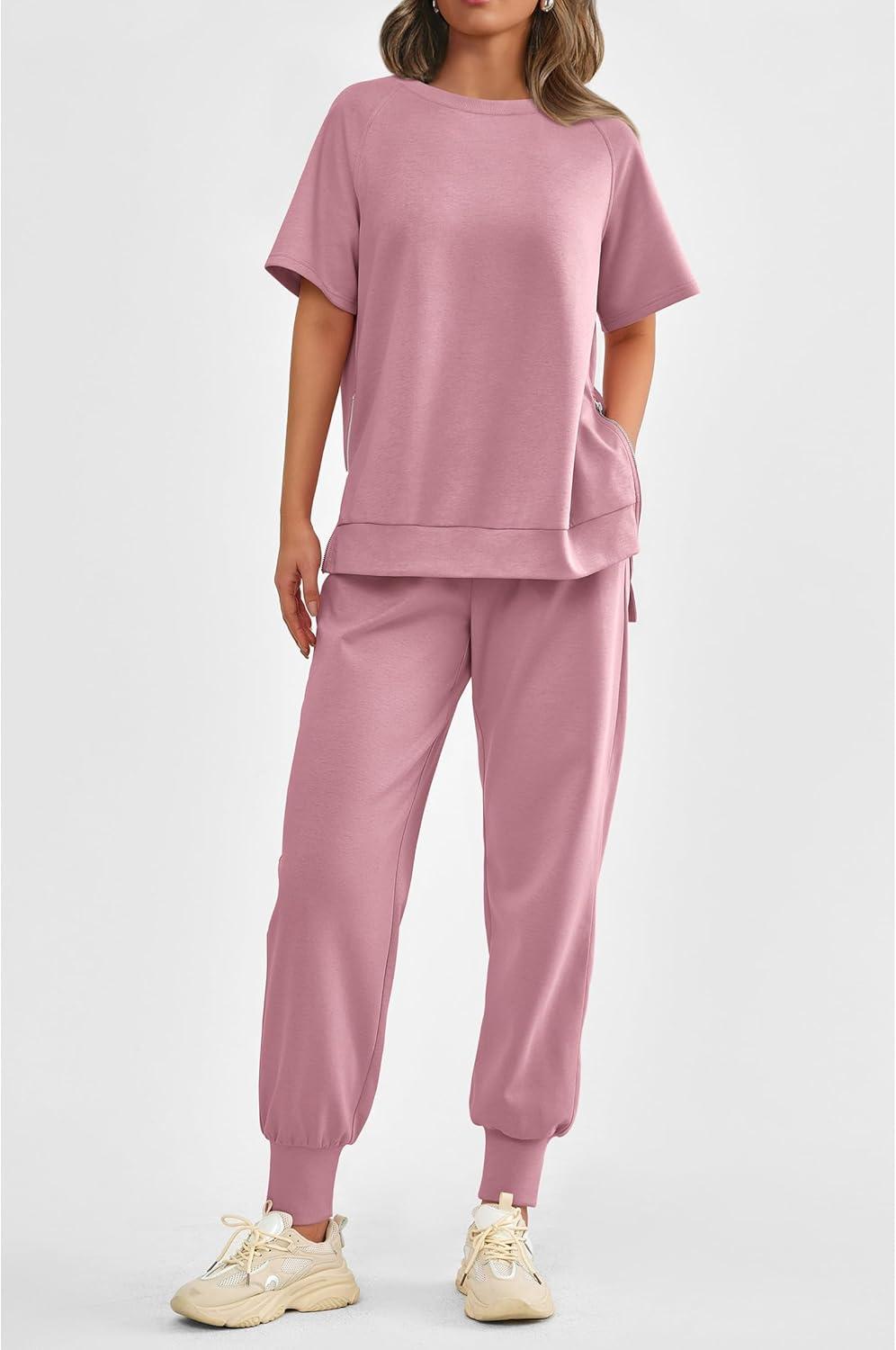 imagePRETTYGARDEN Womens Summer 2 Piece Outfit Tracksuits Casual Short Sleeve Tops High Waisted Sweatpants Set PinkLarge