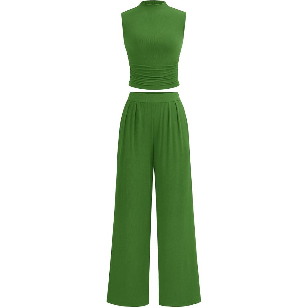 imagePRETTYGARDEN 2 Piece Sets for Women Summer 2025 Airport Travel Outfits Crop Tank Tops Wide Leg Pants Matching Lounge SetsGreen