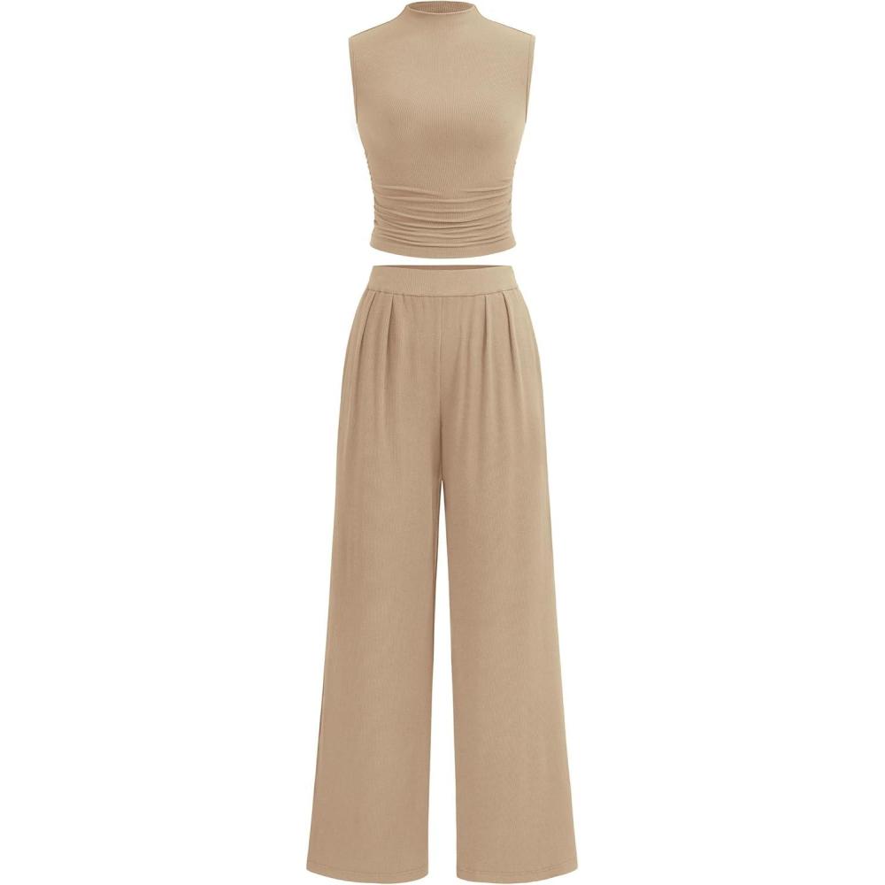 imagePRETTYGARDEN 2 Piece Sets for Women Summer 2025 Airport Travel Outfits Crop Tank Tops Wide Leg Pants Matching Lounge SetsKhaki