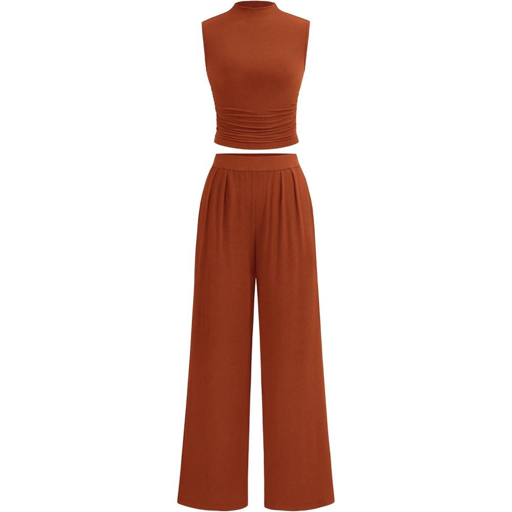 imagePRETTYGARDEN 2 Piece Sets for Women Summer 2025 Airport Travel Outfits Crop Tank Tops Wide Leg Pants Matching Lounge SetsOrange Red