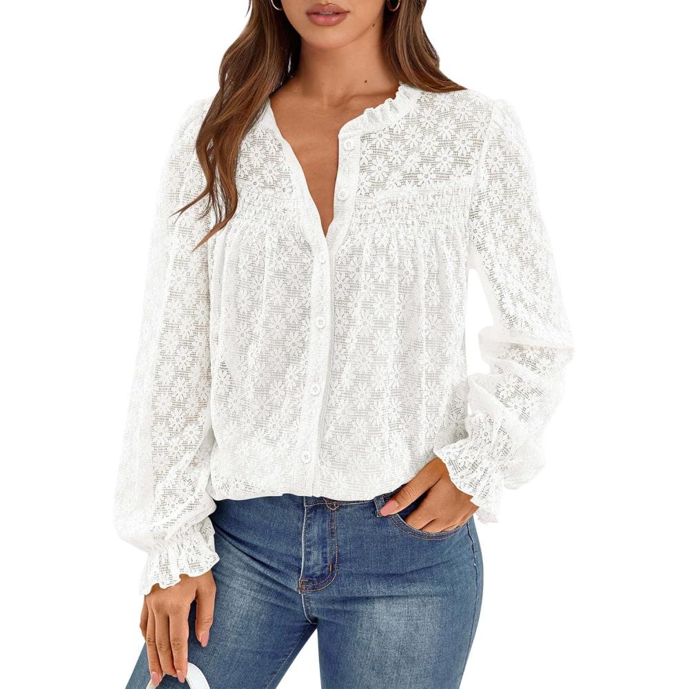 imagePRETTYGARDEN Lace Long Sleeve Shirts Fall Outfits for Women 2025 Casual Button Down Going Out Tops Hollow Out Eyelet BlousesCream White