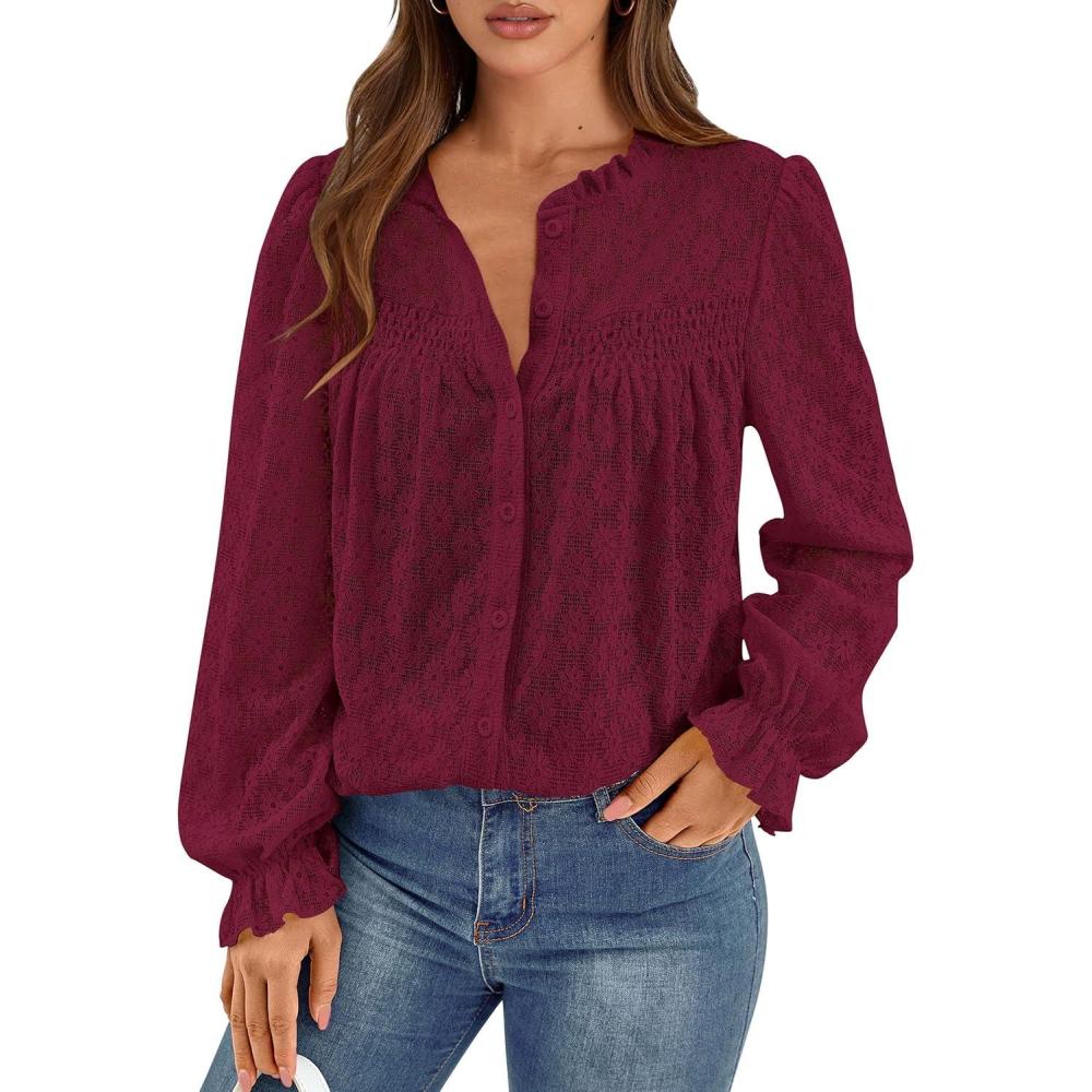 imagePRETTYGARDEN Lace Long Sleeve Shirts Fall Outfits for Women 2025 Casual Button Down Going Out Tops Hollow Out Eyelet BlousesJujube Red