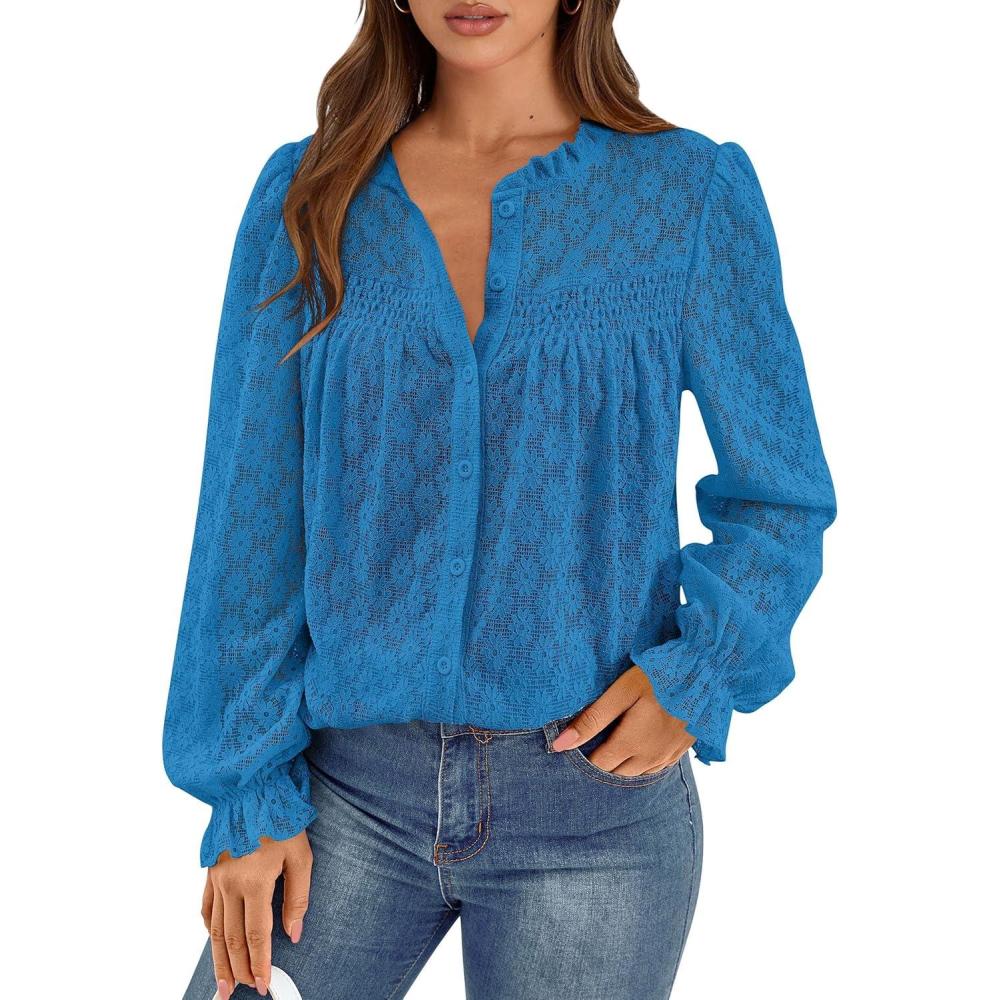 imagePRETTYGARDEN Lace Long Sleeve Shirts Fall Outfits for Women 2025 Casual Button Down Going Out Tops Hollow Out Eyelet BlousesLake Blue