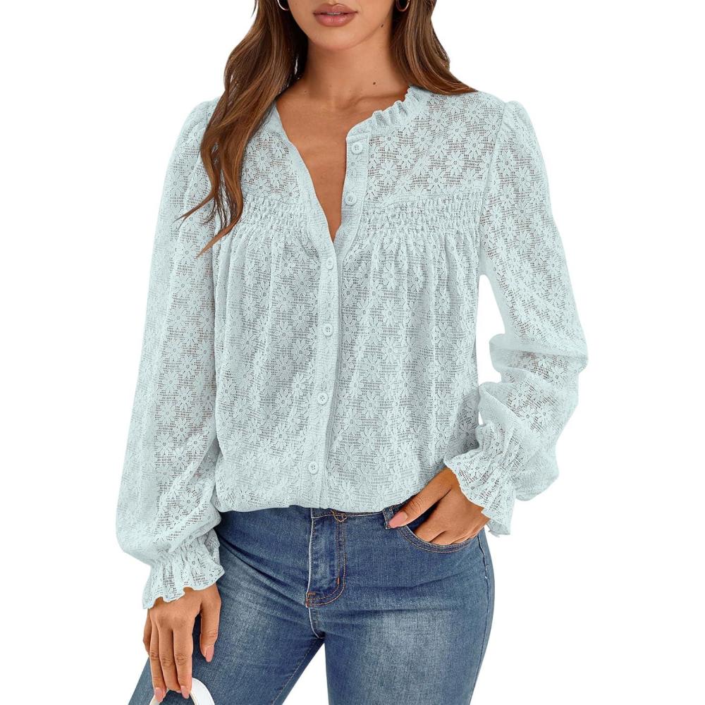 imagePRETTYGARDEN Lace Long Sleeve Shirts Fall Outfits for Women 2025 Casual Button Down Going Out Tops Hollow Out Eyelet BlousesLight Blue
