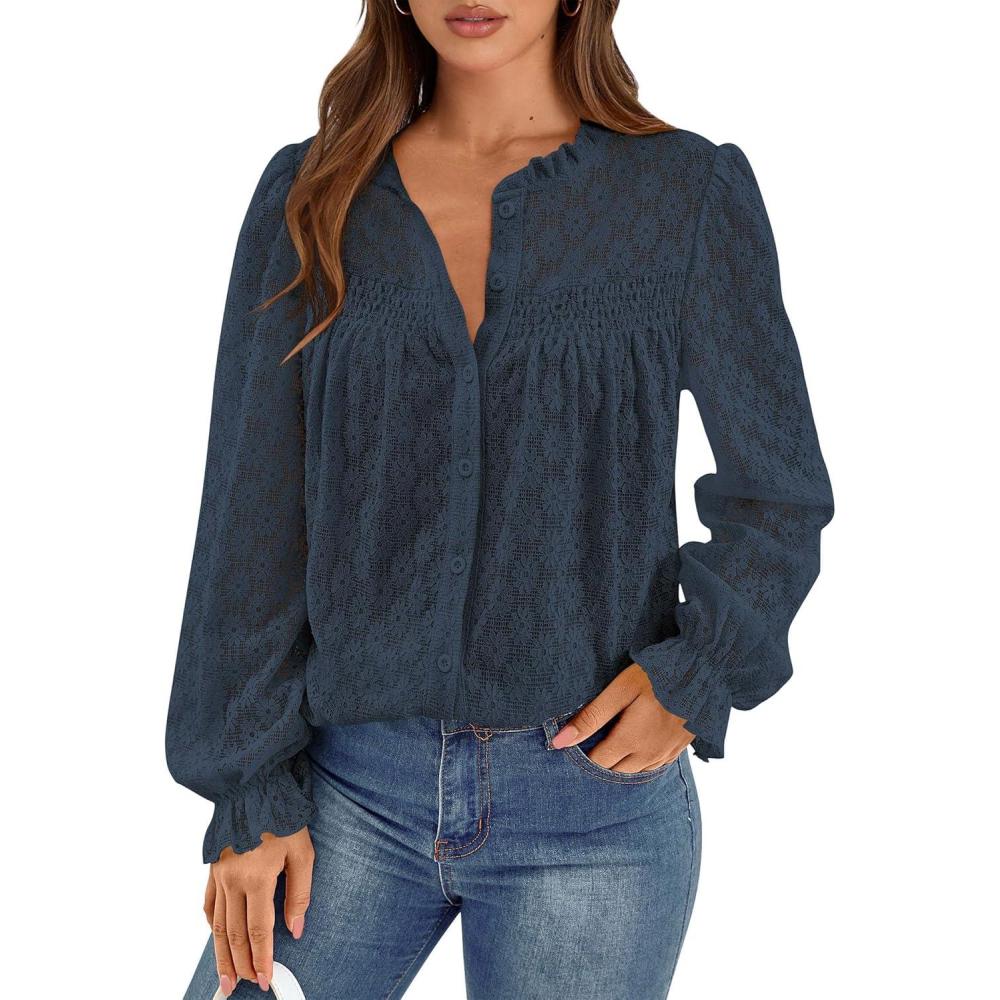 imagePRETTYGARDEN Lace Long Sleeve Shirts Fall Outfits for Women 2025 Casual Button Down Going Out Tops Hollow Out Eyelet BlousesNavy