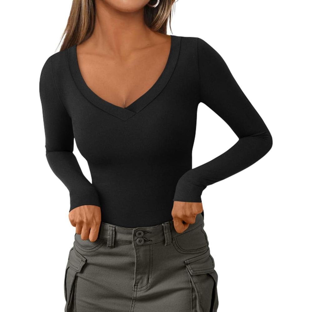 imagePRETTYGARDEN Long Sleeve Shirts for Women 2025 Fall Fashion V Neck Going Out Tops Slim Fit Basic Tees Y2K ClothesBlack