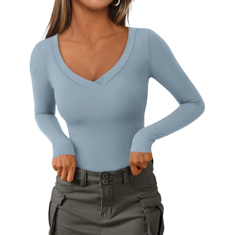 imagePRETTYGARDEN Long Sleeve Shirts for Women 2025 Fall Fashion V Neck Going Out Tops Slim Fit Basic Tees Y2K ClothesLight Grey Blue