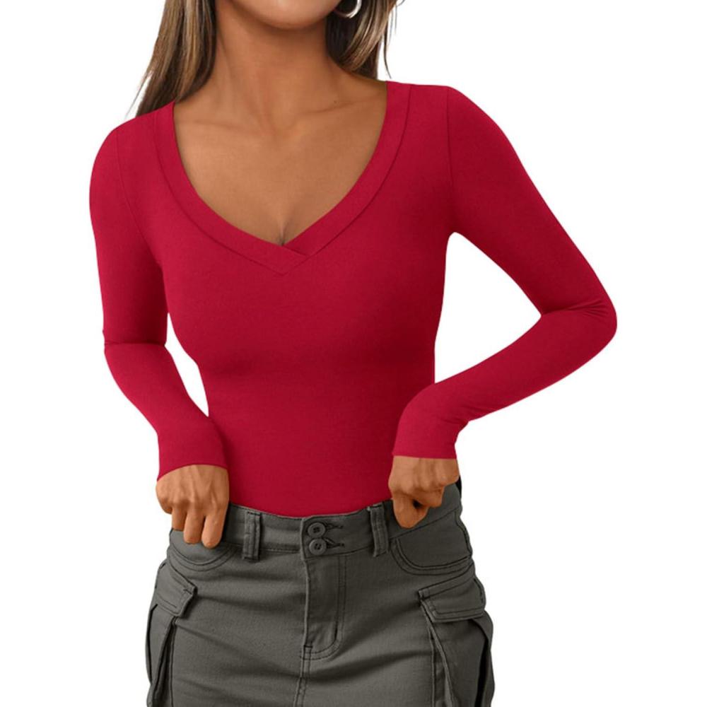 imagePRETTYGARDEN Long Sleeve Shirts for Women 2025 Fall Fashion V Neck Going Out Tops Slim Fit Basic Tees Y2K ClothesRed