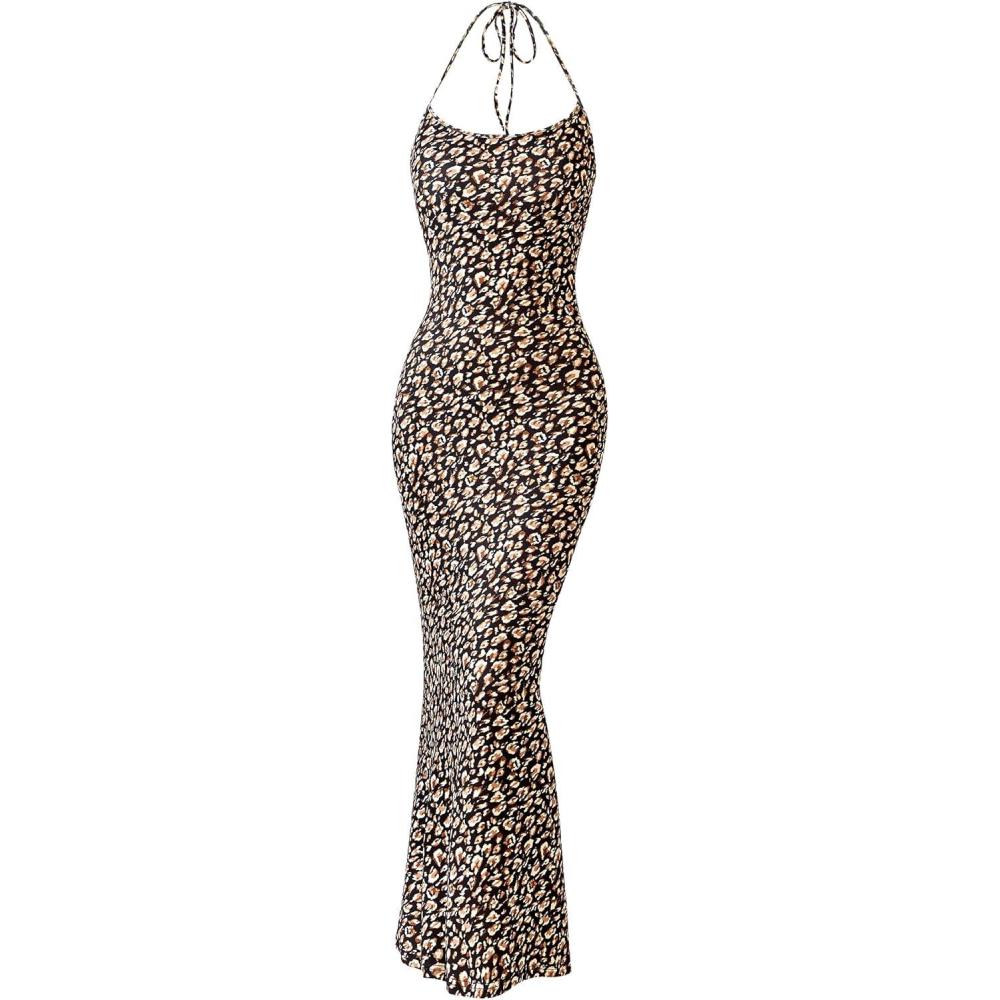 imagePRETTYGARDEN Maxi Dresses for Women 2025 Summer Halter Leopard Print Backless Sexy Bodycon Cocktail Beach Long DressBlack Leopard