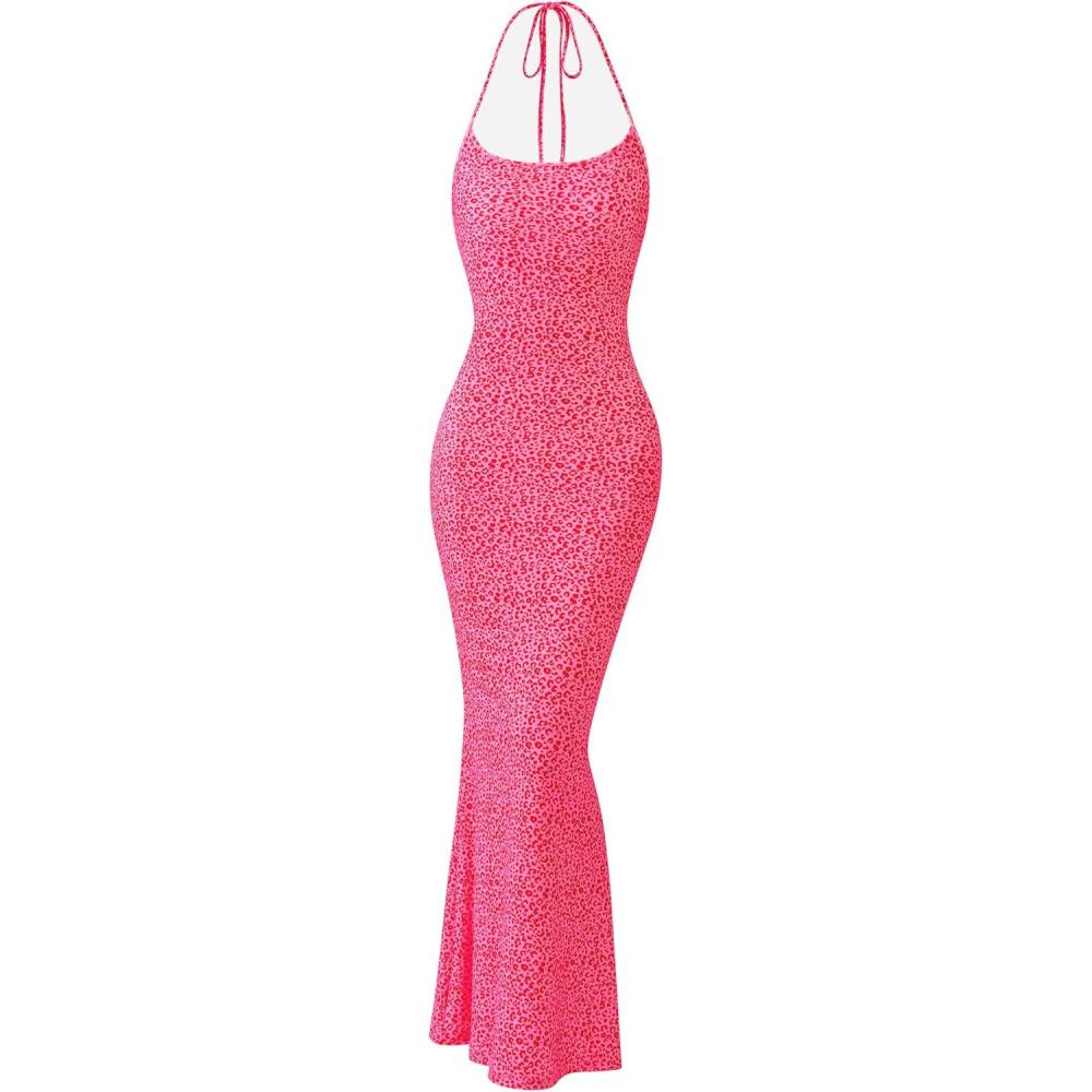 imagePRETTYGARDEN Maxi Dresses for Women 2025 Summer Halter Leopard Print Backless Sexy Bodycon Cocktail Beach Long DressPink Leopard