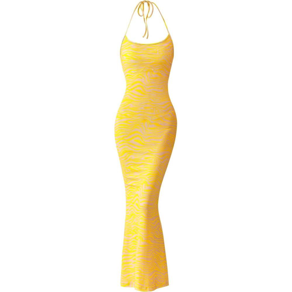 imagePRETTYGARDEN Maxi Dresses for Women 2025 Summer Halter Leopard Print Backless Sexy Bodycon Cocktail Beach Long DressZebra Yellow