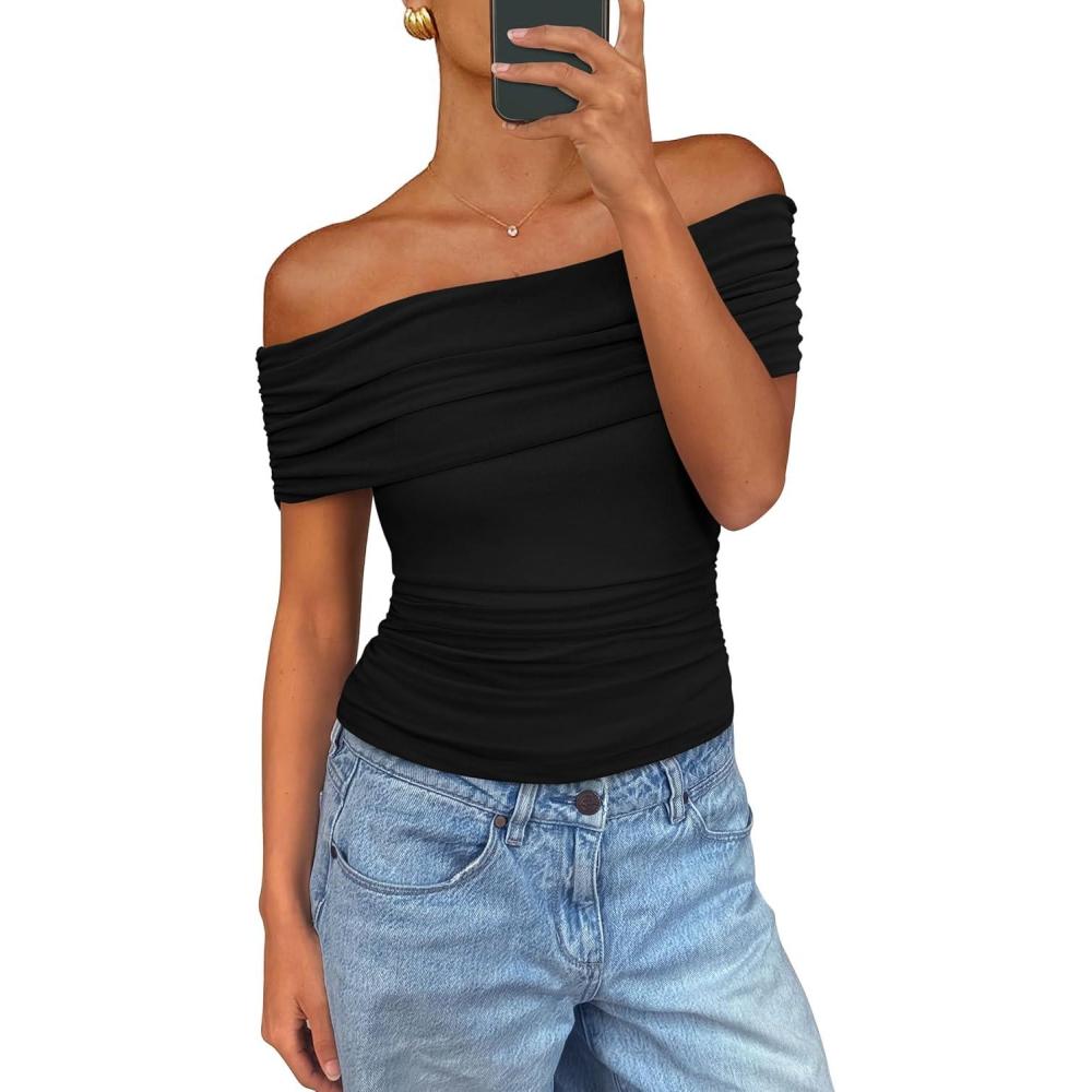 imagePRETTYGARDEN Off The Shoulder Tops for Women Summer Short Sleeve Ruched Slim Fit Shirts Blouses Y2K Going Out TopBlack