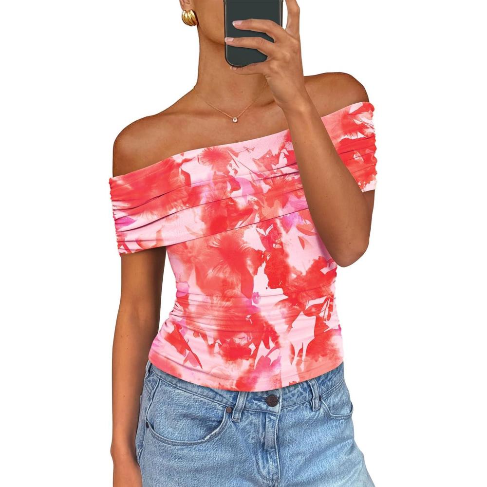 imagePRETTYGARDEN Off The Shoulder Tops for Women Summer Short Sleeve Ruched Slim Fit Shirts Blouses Y2K Going Out TopFloral Light Orange